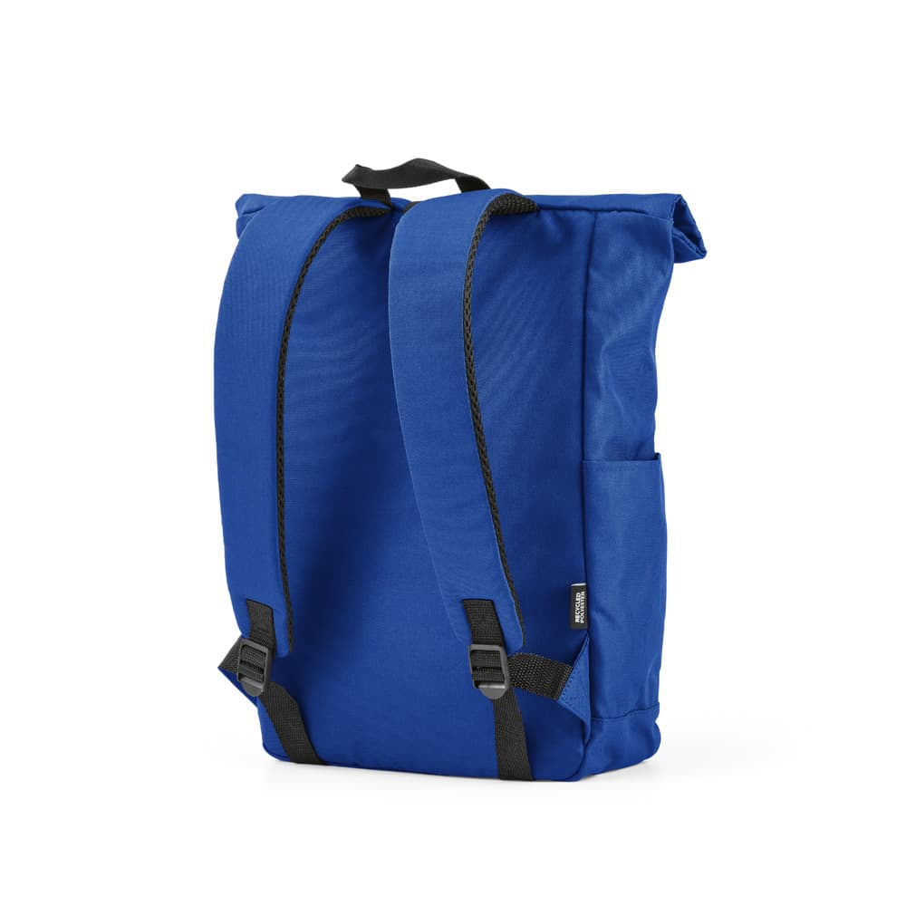 A blue roll-top backpack with a velcro closure, featuring adjustable straps and side pockets. It has a logo.