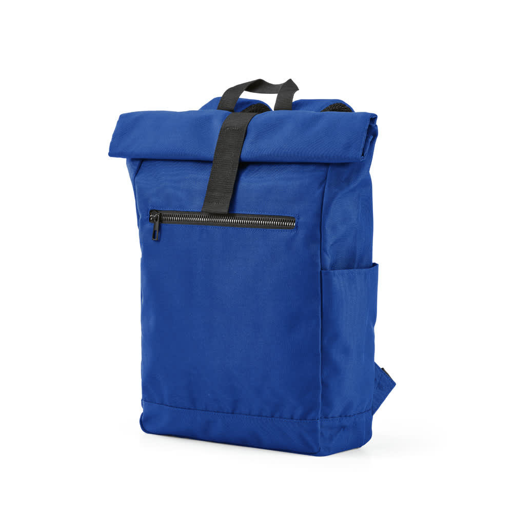 A blue roll-top backpack with a velcro closure and a front zip pocket. It features side pockets and a logo.