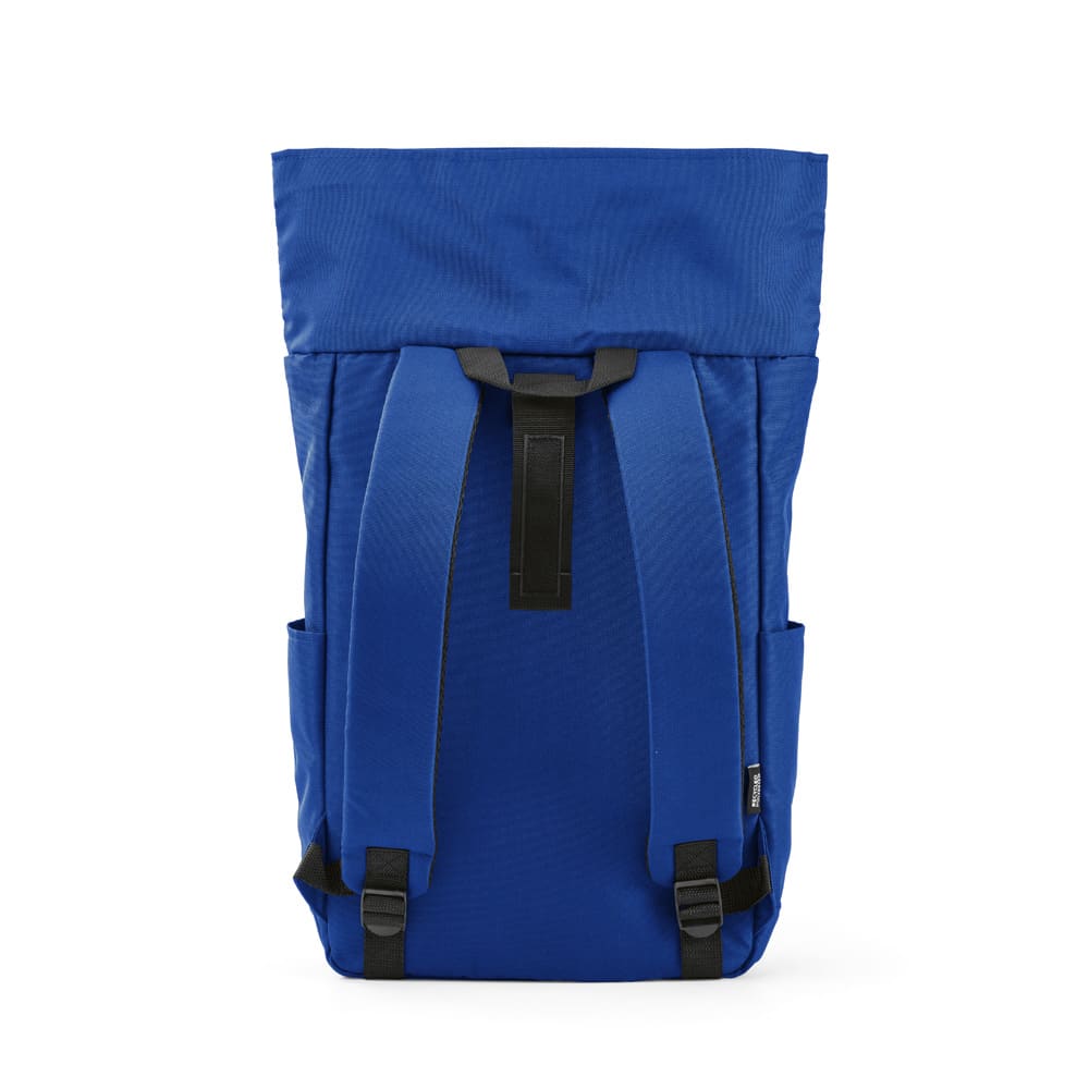 A blue roll-top backpack with velcro closure and adjustable straps, featuring side pockets and a logo.