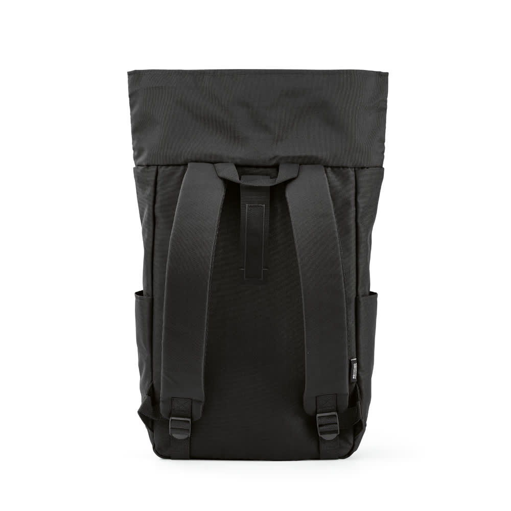 A black roll-top backpack with velcro closure, featuring padded shoulder straps and side pockets, also displaying a logo.