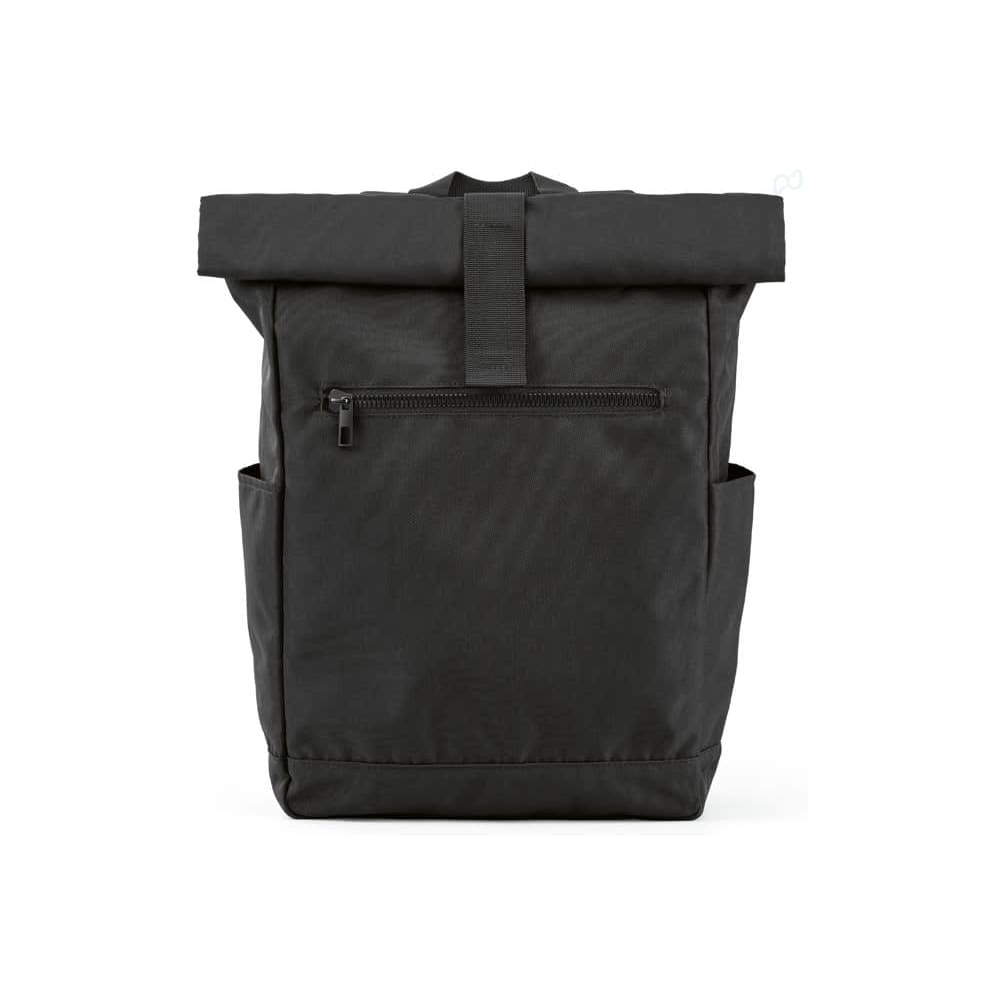 A black roll-top backpack with a velcro closure and a front zip pocket, featuring side pockets and a logo.