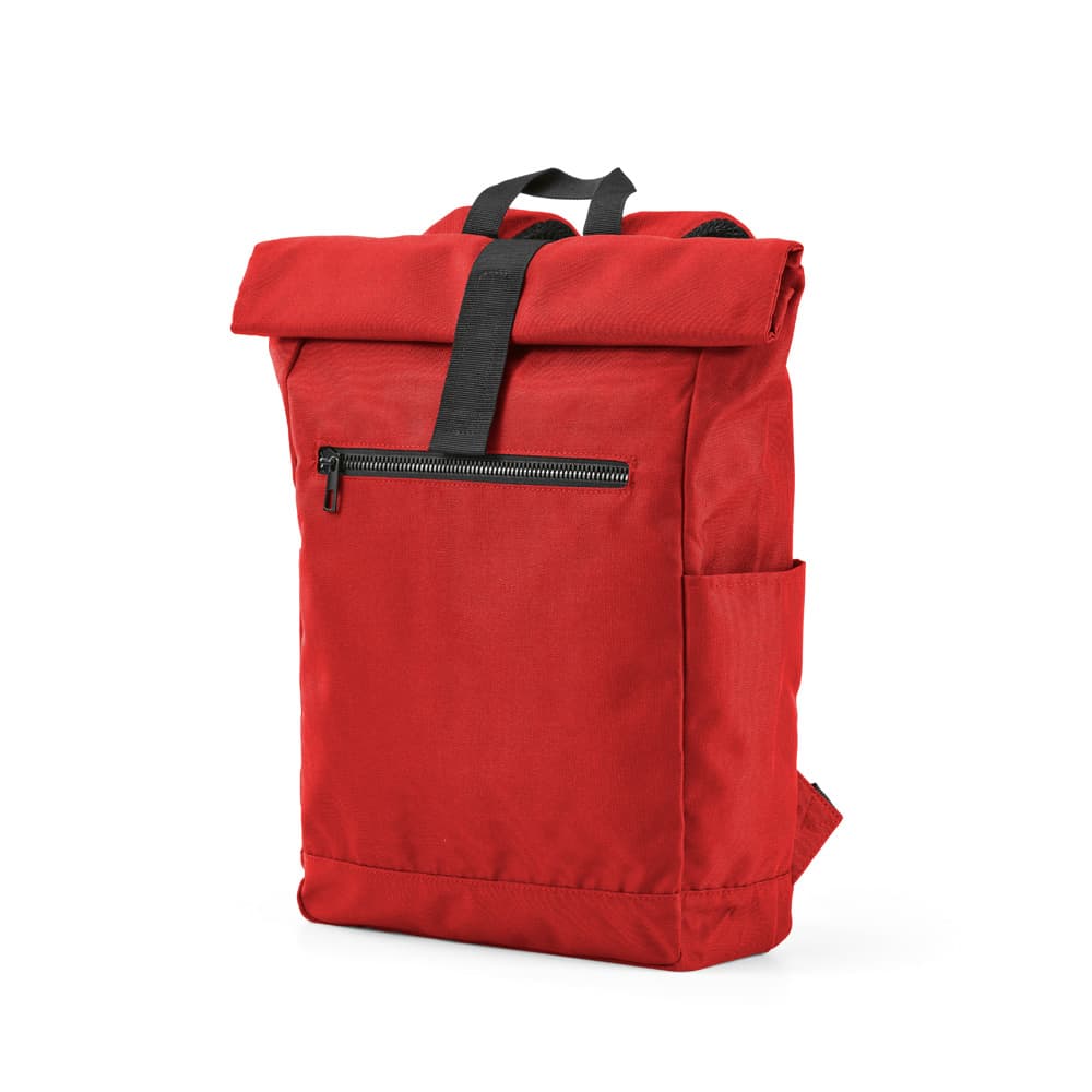 A red backpack with a roll-top and velcro closure, featuring a zippered front pocket and side pocket.
