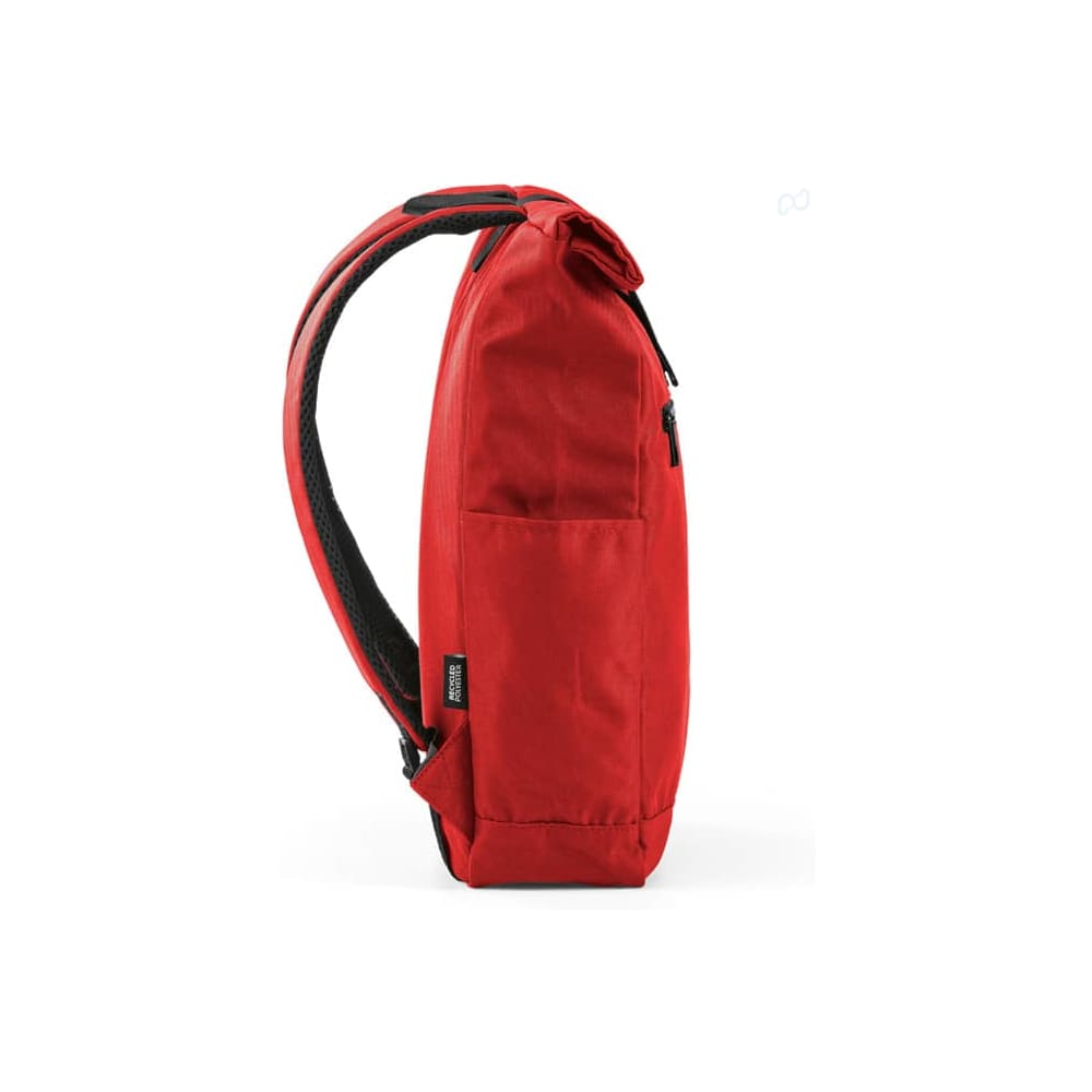 A red roll-top backpack with a velcro closure, featuring a side pocket and a logo.