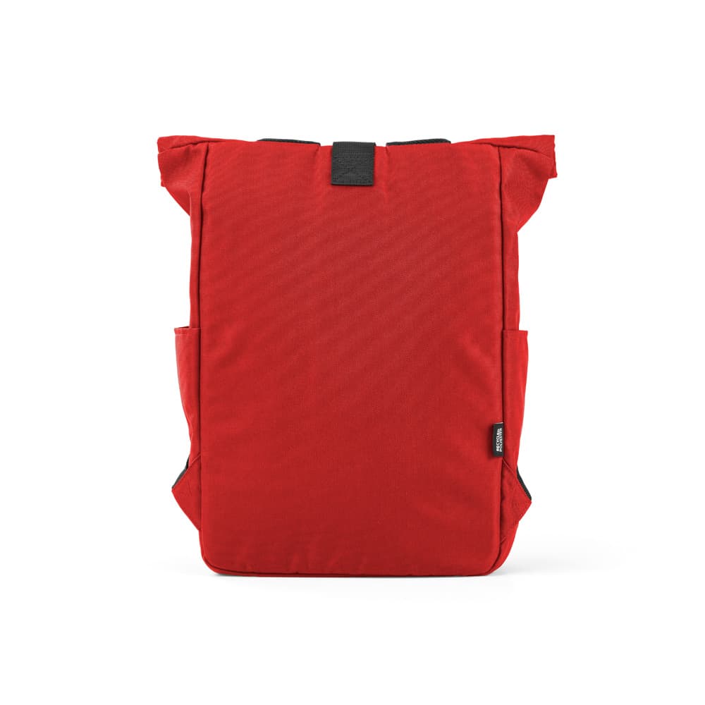 A red roll-top backpack with velcro closure and side pockets. It features a branding logo.