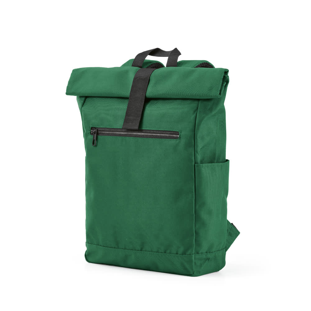 A green roll-top backpack featuring a velcro closure, zip pocket, and side pocket. It also has a logo.
