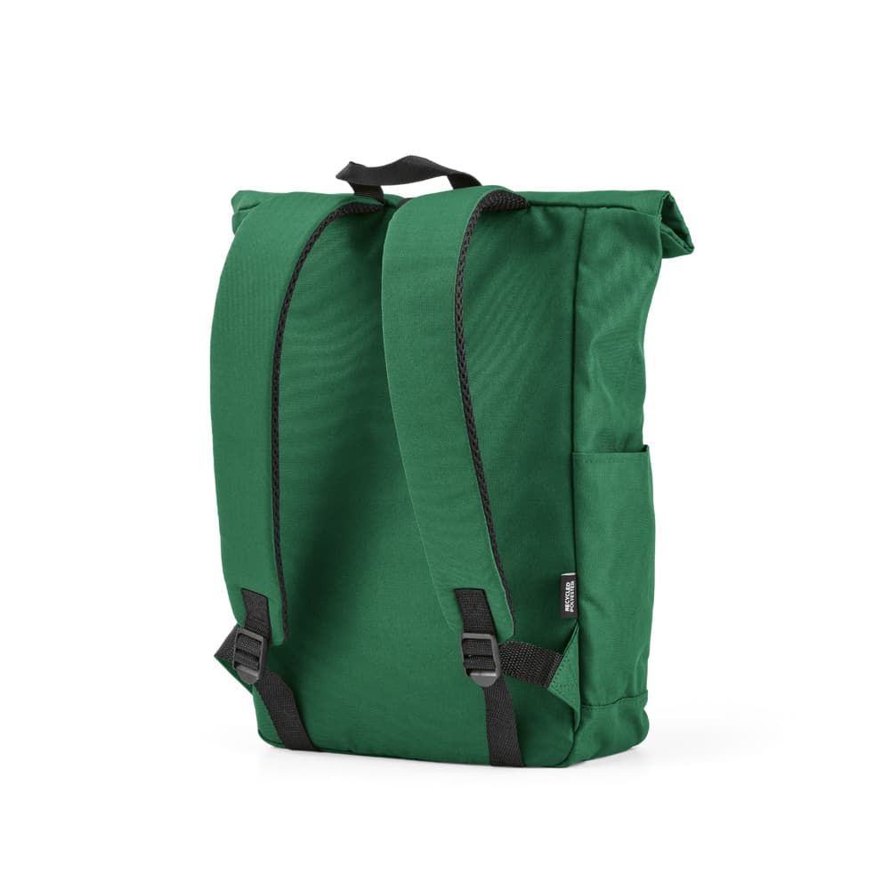 A green roll-top backpack with velcro closure, featuring adjustable shoulder straps and a side pocket.