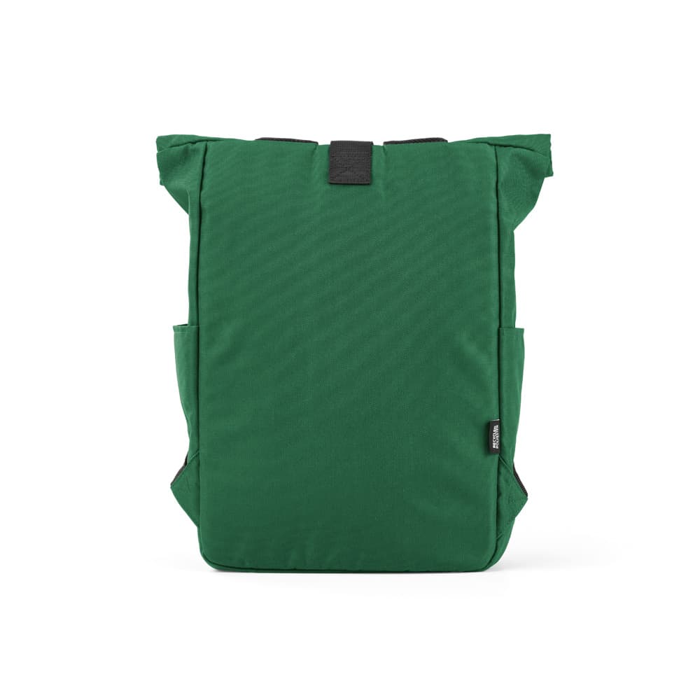 A green roll-top backpack with velcro closure and side pockets, featuring a logo on the side.