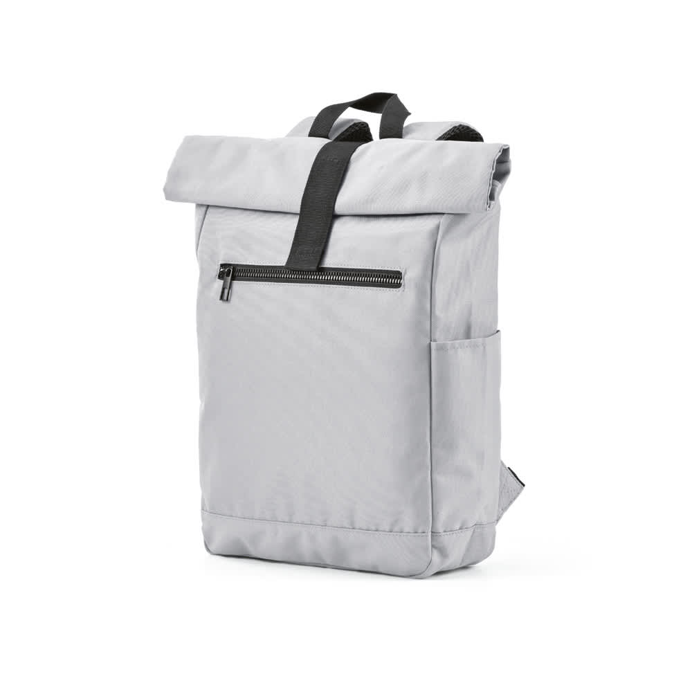 A grey roll-top backpack featuring a velcro closure and a front zip pocket, with adjustable straps.