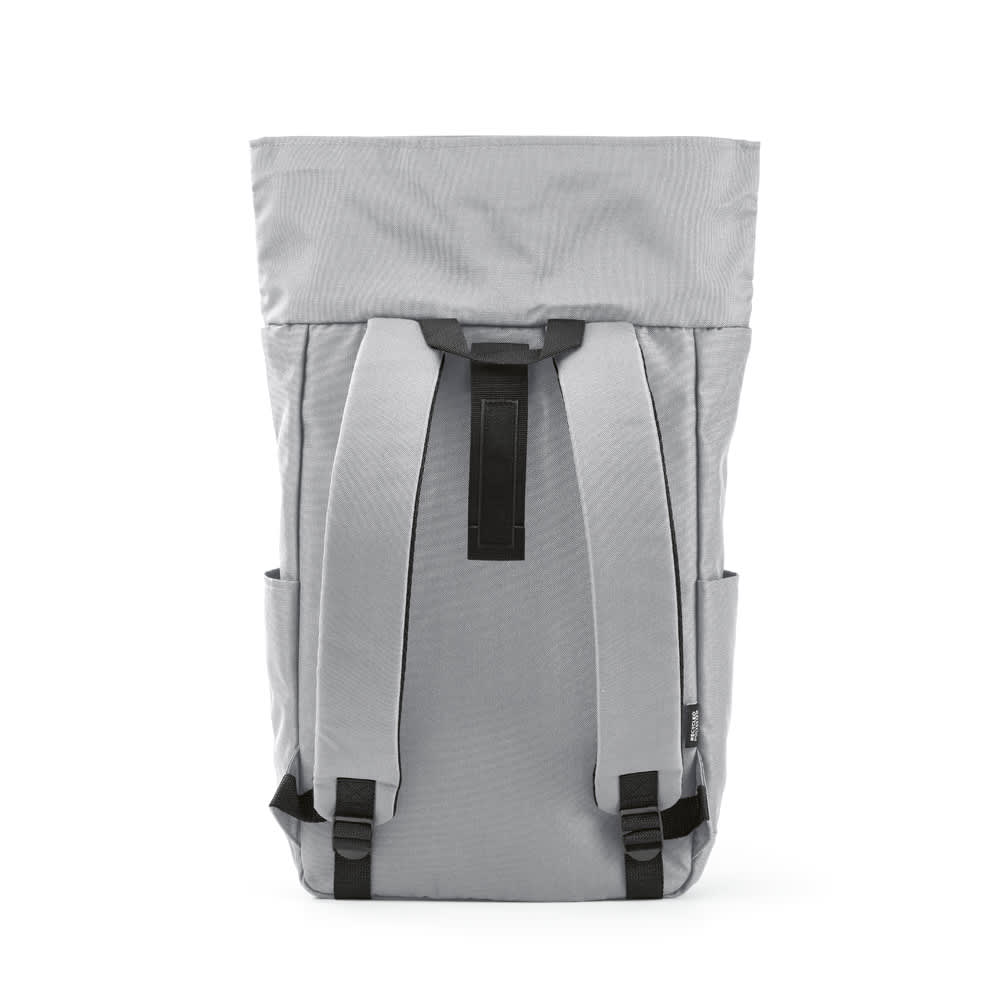 A grey roll-top backpack with velcro closure and adjustable straps. Features side pockets and a logo.
