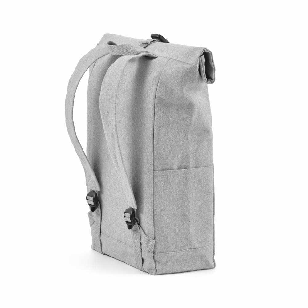 A grey roll-top backpack with buckle closure, featuring adjustable straps and a side pocket.