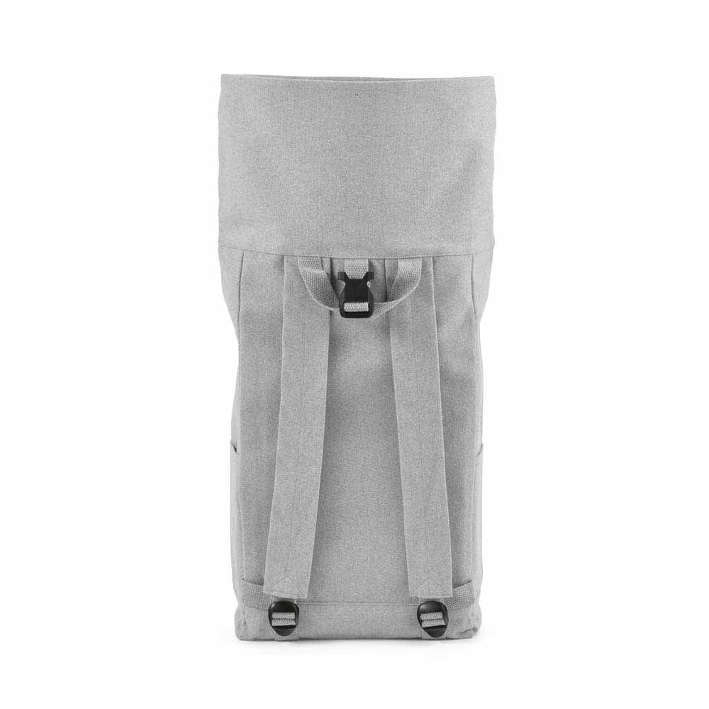 A grey roll-top backpack featuring a buckle closure and adjustable straps, with a simple design and one logo.