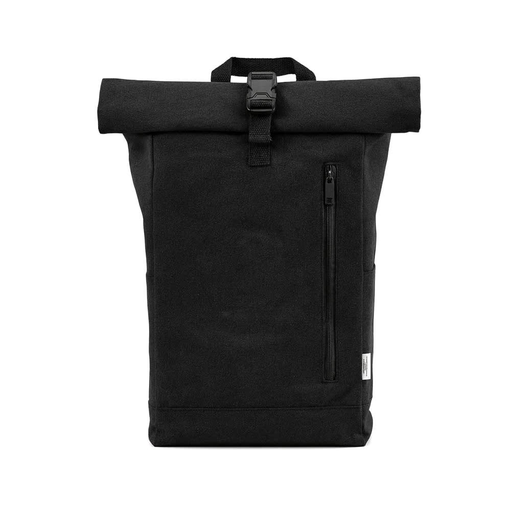 A black roll-top backpack with a buckle closure and a side zip pocket. It has a logo on the front.