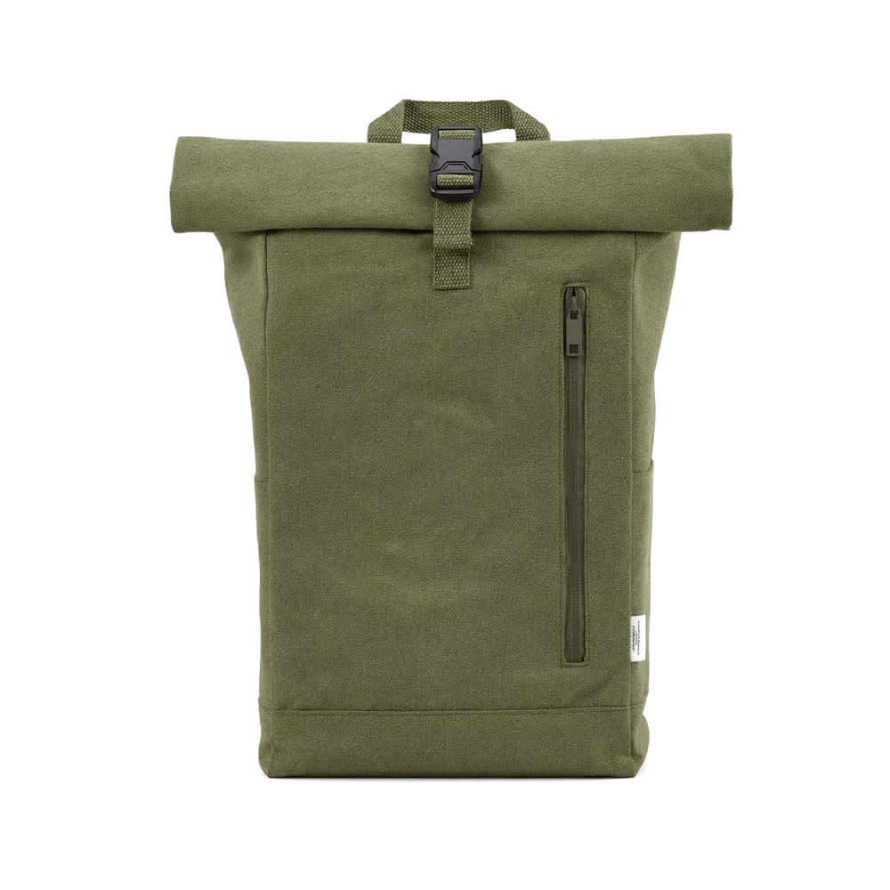 A roll-top backpack in olive green with a buckle closure and a side zip pocket. Features branding.