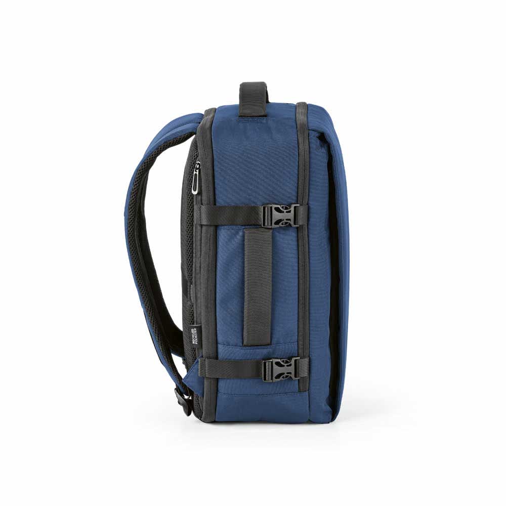 A blue backpack with black straps, featuring a sleek design and a side view showcasing its structured panels.