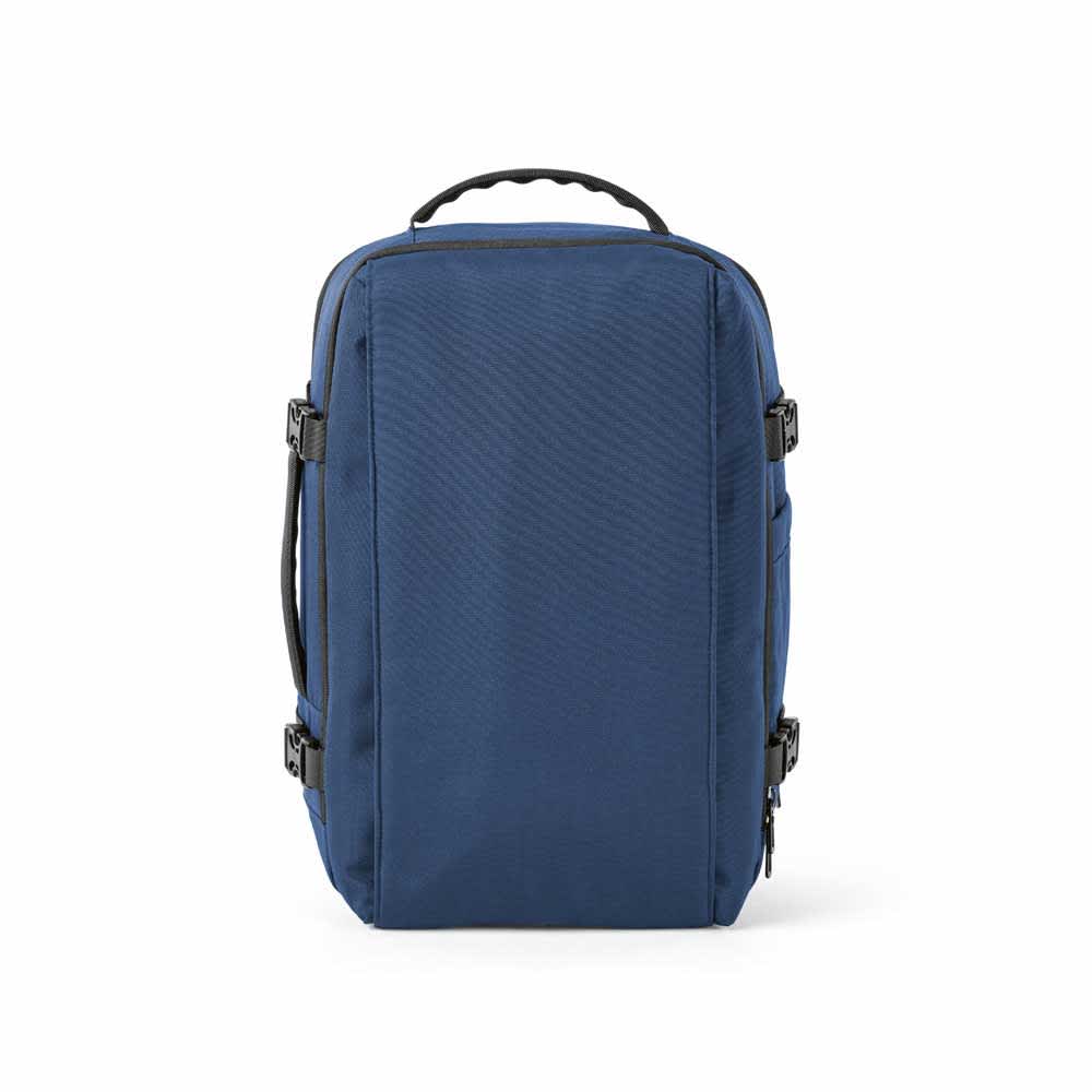 A blue backpack with a sleek design, featuring zippers and adjustable straps, suitable for a 17" laptop.