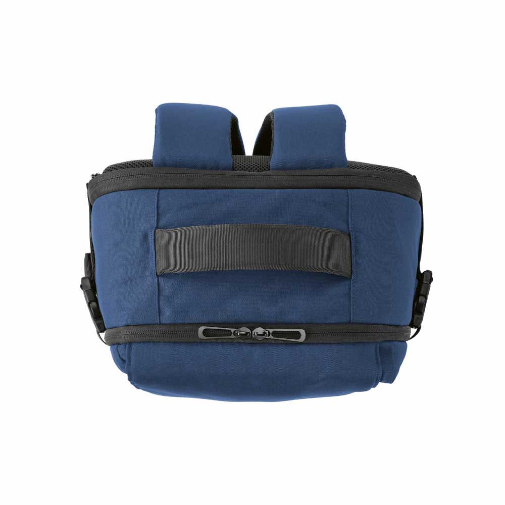 A navy blue backpack with adjustable straps, a zipper closure, and a mesh pocket, featuring a logo.