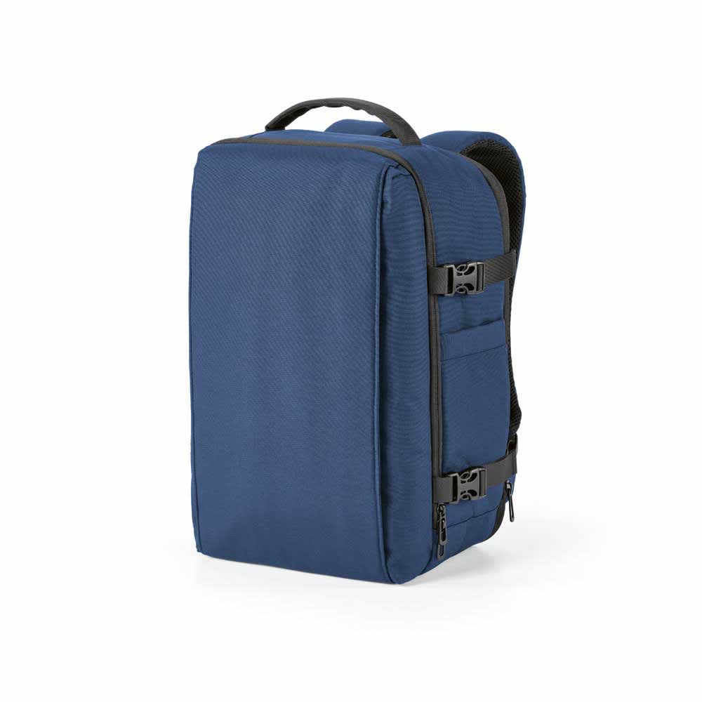 A navy blue backpack with a structured design, featuring adjustable straps and a logo. Suitable for a 17" laptop.