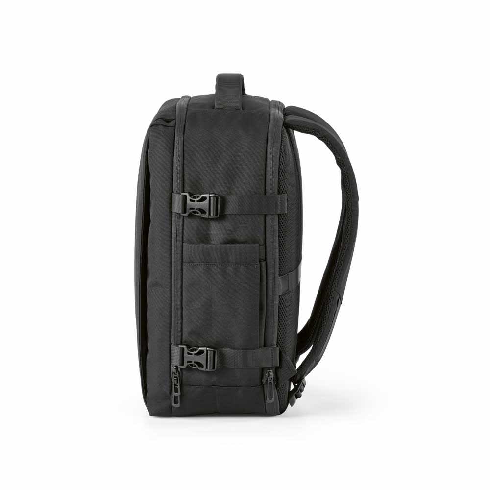 A black backpack with adjustable straps, side pockets, and a sleek design, suitable for carrying a 17" laptop.