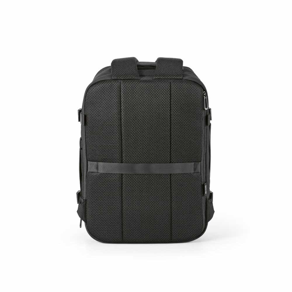 A black backpack featuring a mesh design, adjustable straps, and a logo. Suitable for cabin luggage and fits a 17" laptop.