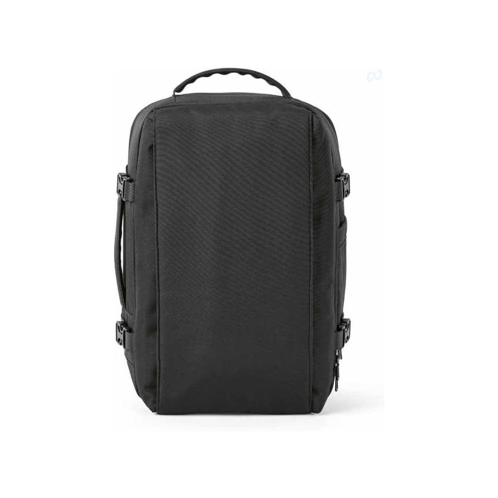 A black backpack with multiple buckles and a top handle, designed for carrying a laptop and cabin luggage.