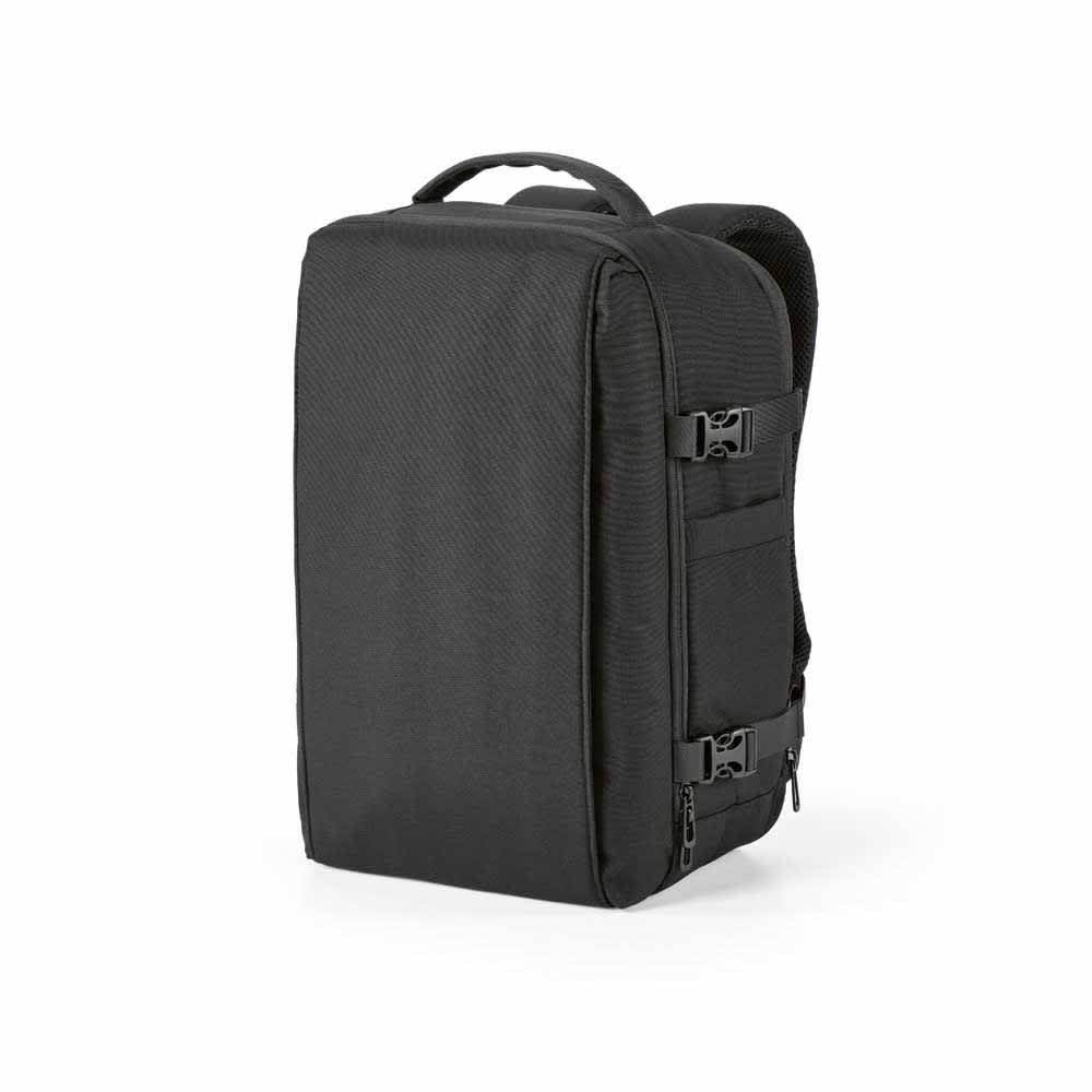 A black backpack with adjustable straps, featuring a structured design, suitable for cabin luggage and fits a 17" laptop.