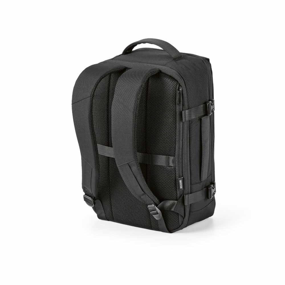 A black backpack with padded back and straps, featuring a sleek design suitable for carrying a laptop.