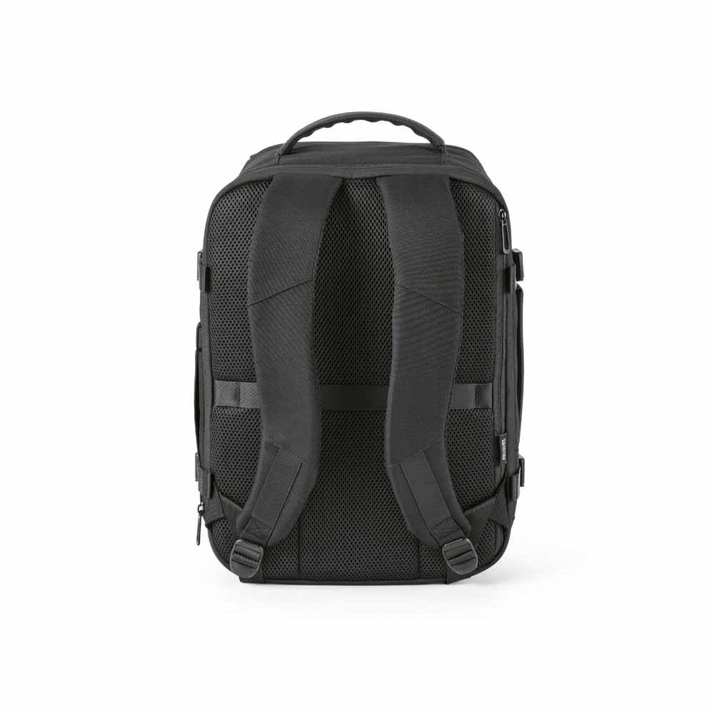 A black backpack with padded straps and mesh panels, designed to hold a 17" laptop. It features a logo.