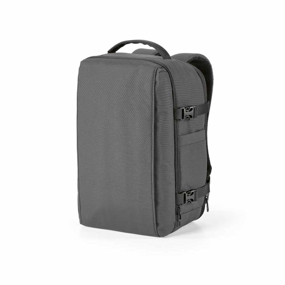 A grey backpack with a sturdy design, featuring adjustable straps and a logo, suitable for cabin luggage and laptops.
