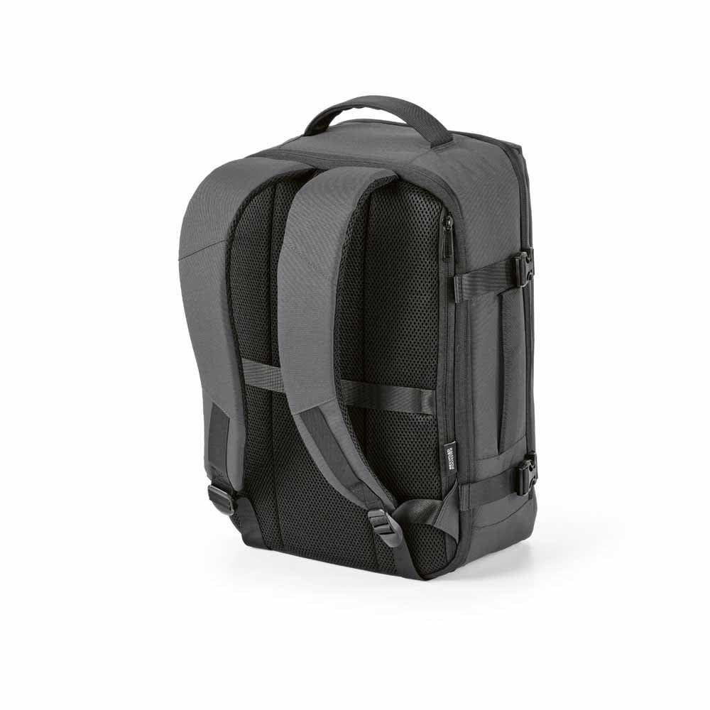 A grey backpack with adjustable straps and a textured back, designed to fit a 17" laptop. It includes a logo.