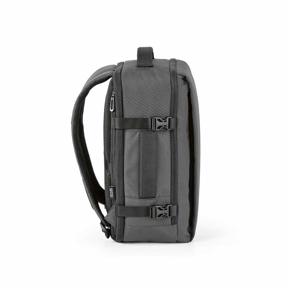 A grey backpack with adjustable straps and fasteners, designed to hold a 17" laptop. It features a logo.