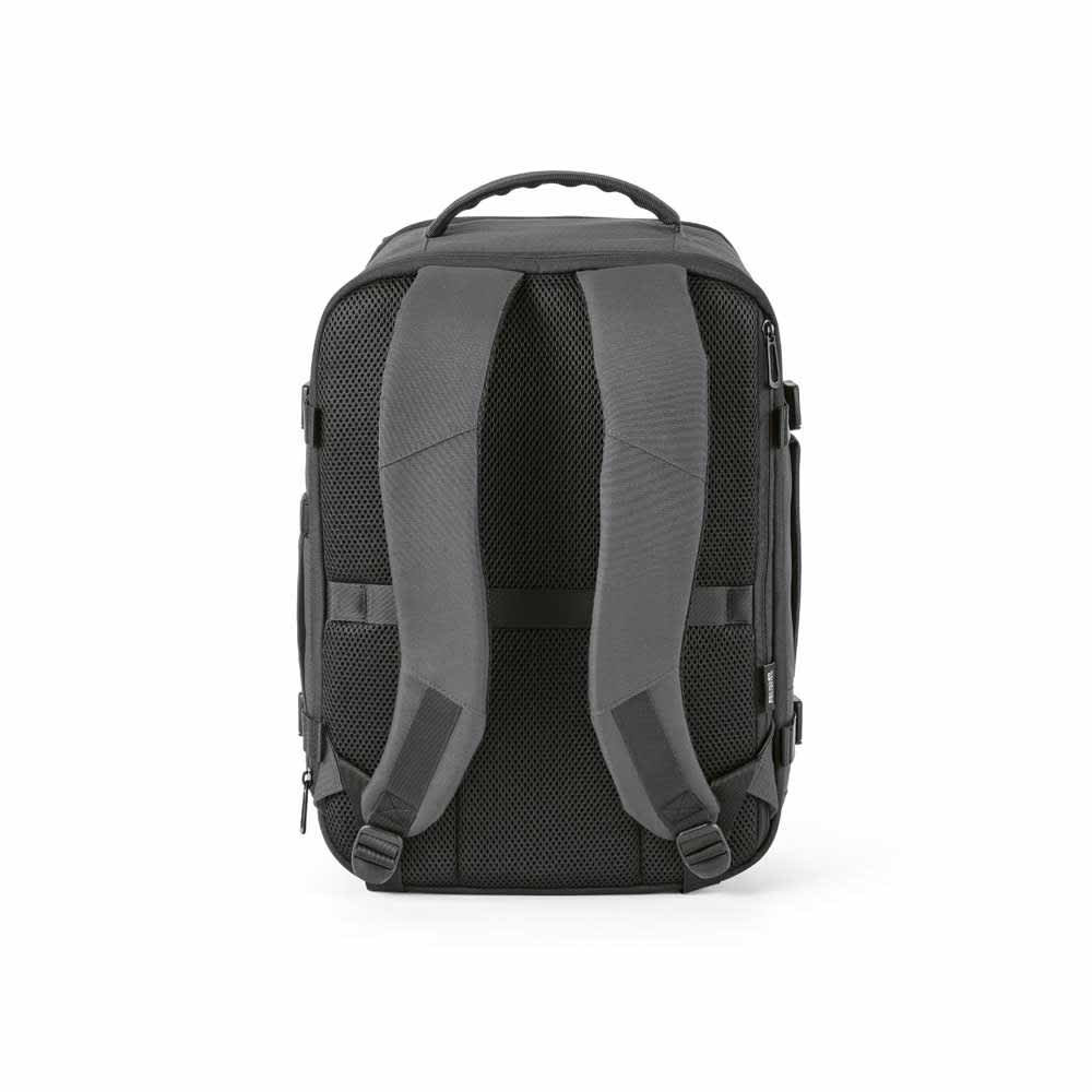 A black backpack with padded shoulder straps and mesh detailing, featuring a sleek design and a logo.