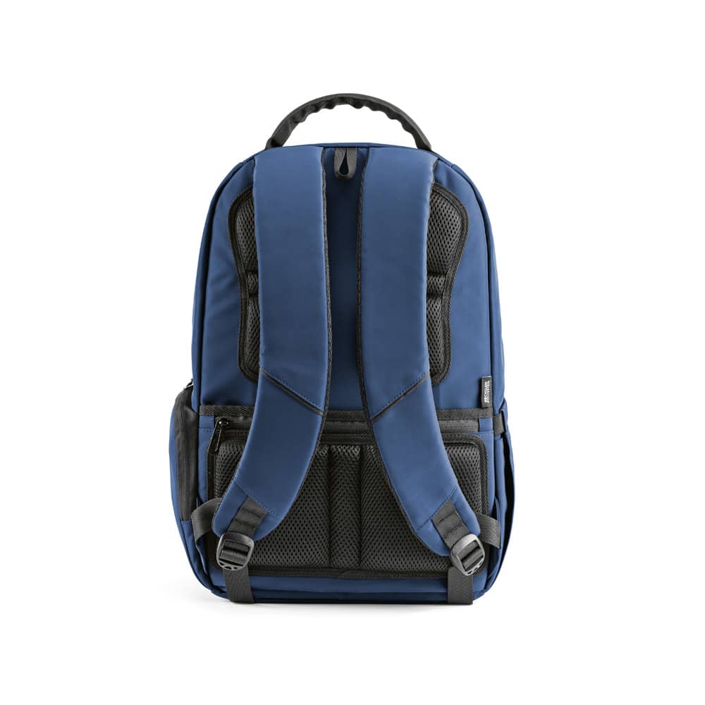A blue backpack with padded straps and a sleek design, featuring a logo and multiple compartments.