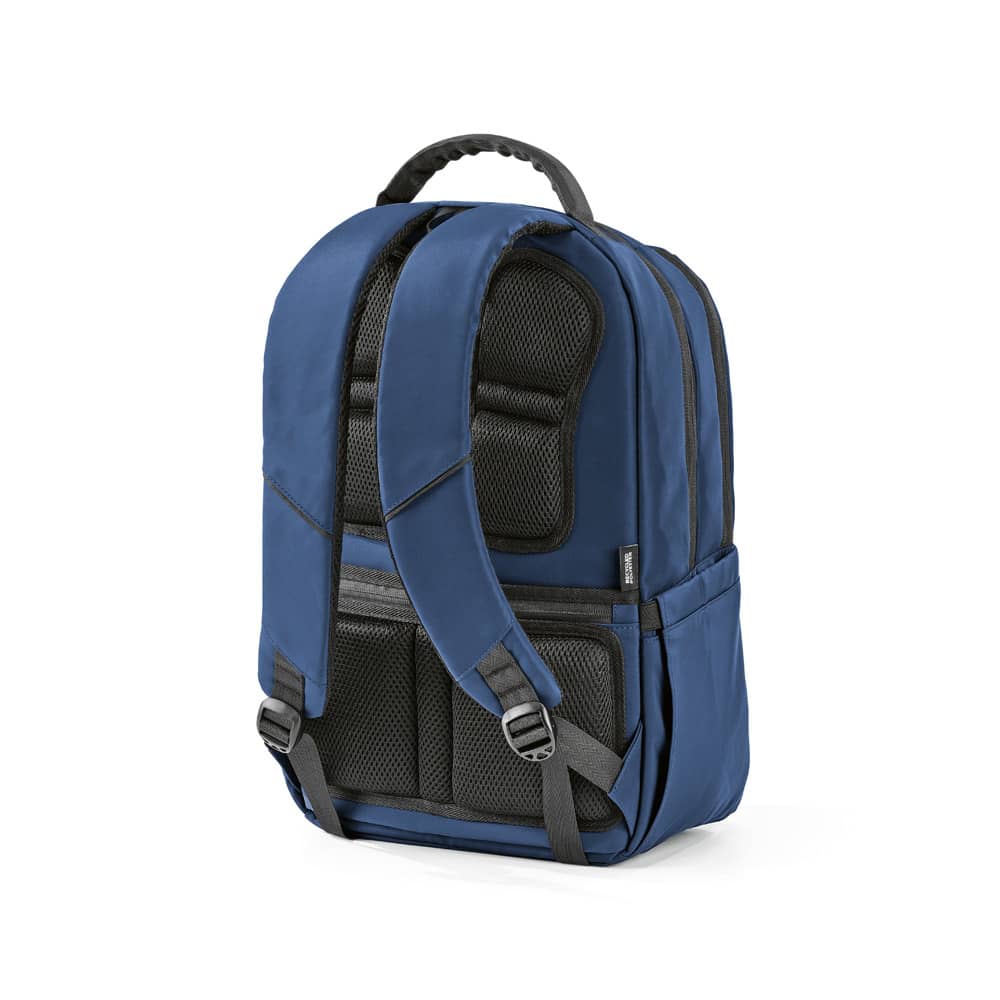A navy blue backpack featuring padded straps, mesh sections, and a logo, designed to fit a 17" laptop.