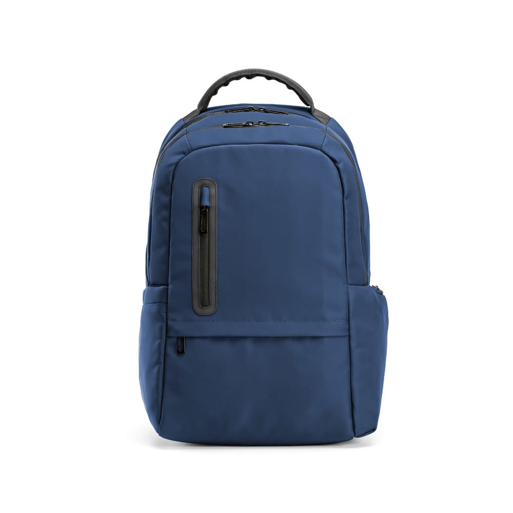 A blue backpack with multiple compartments, designed to fit a 17" laptop, featuring a logo.