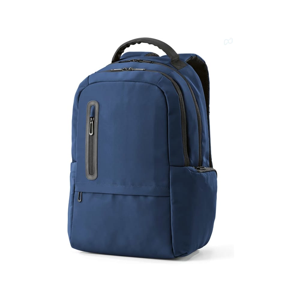 A navy blue backpack with a sleek design, featuring compartments and a logo. Suitable for a 17" laptop.