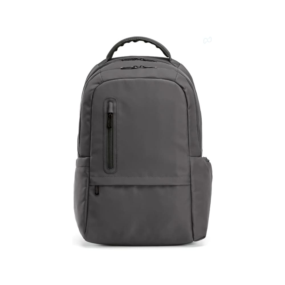 A grey backpack featuring multiple compartments, including a zip pocket and an exterior side pocket, with a logo.