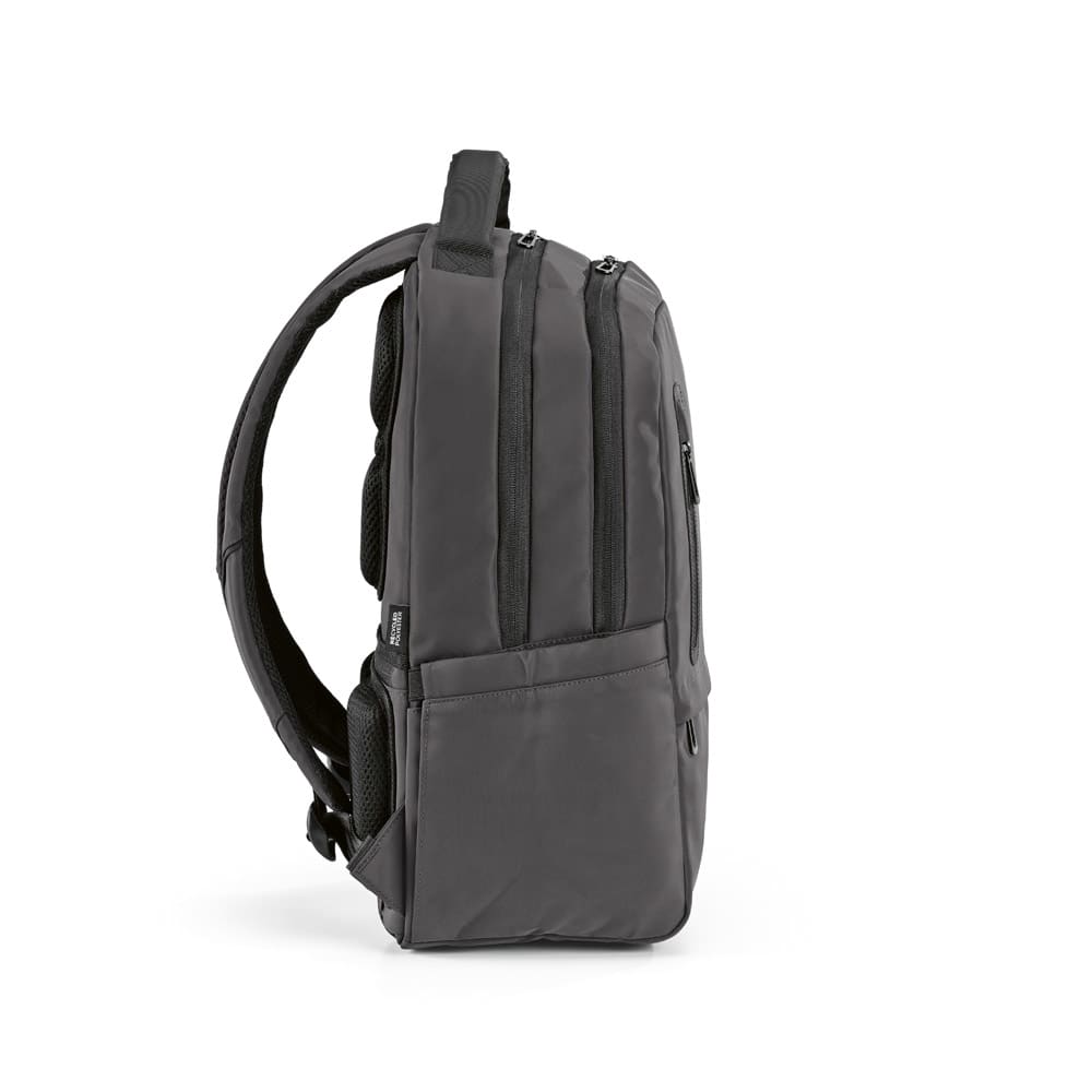 A grey backpack with a sleek design, featuring padded straps and multiple compartments. Includes a logo.