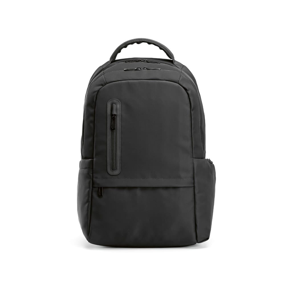 A black backpack featuring multiple compartments and a logo, designed to fit a 17" laptop.