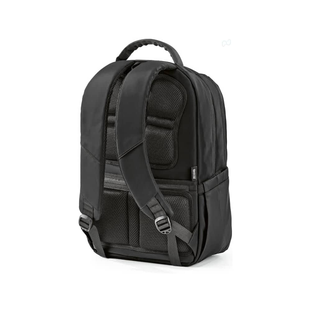 A black backpack featuring a padded interior, adjustable straps, and mesh panels, suitable for carrying a 17" laptop.