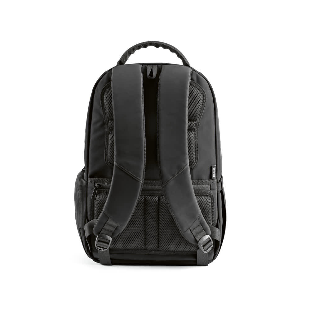 A black 20L backpack with padded straps and pockets, designed to fit a 17" laptop. It features a logo.