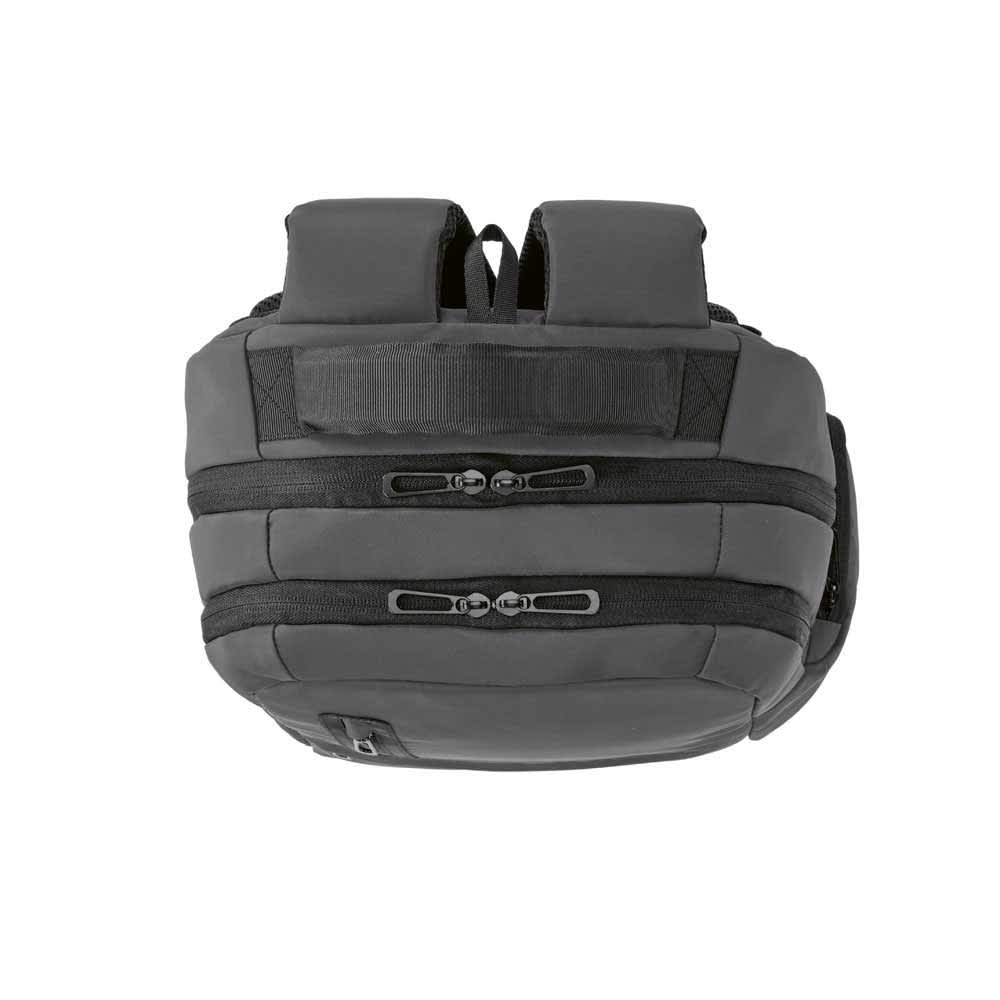 A grey backpack with two zippered compartments, featuring padded shoulder straps and a logo. Suitable for a 17" laptop.