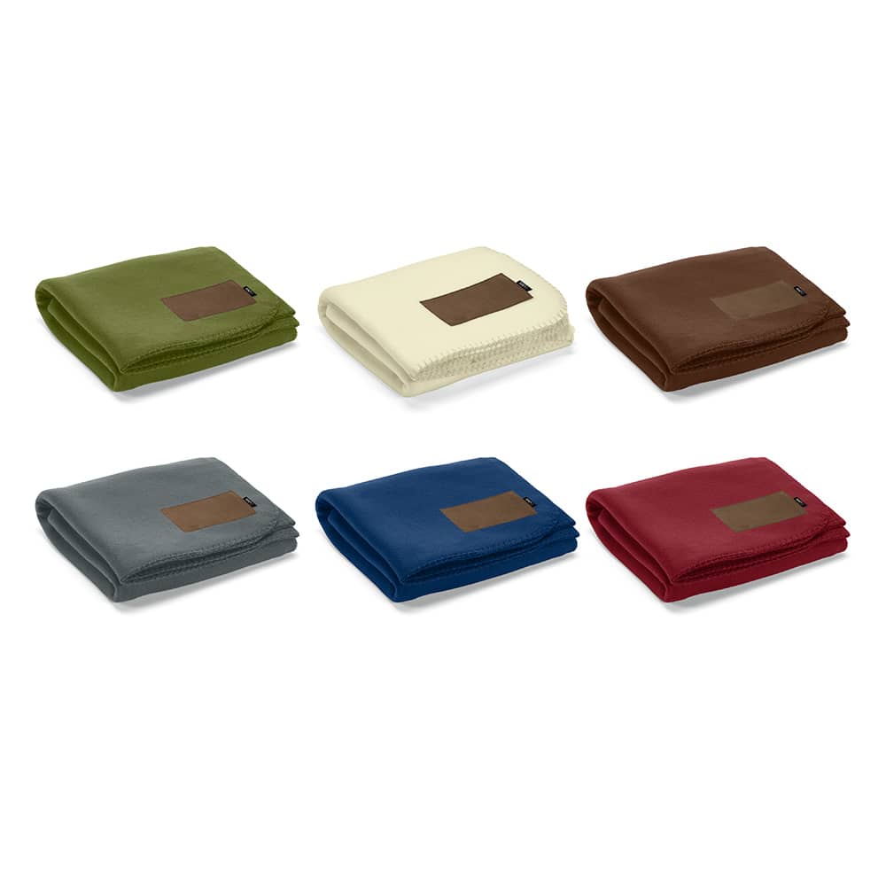 A collection of folded blankets in green, cream, brown, grey, blue, and burgundy, each featuring a customisable patch.