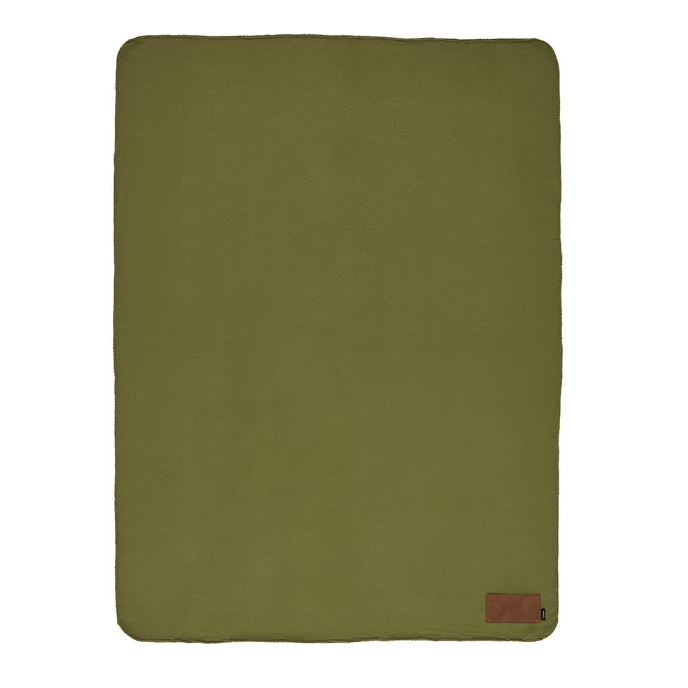 An olive green blanket with a customisable patch and a small logo in one corner.