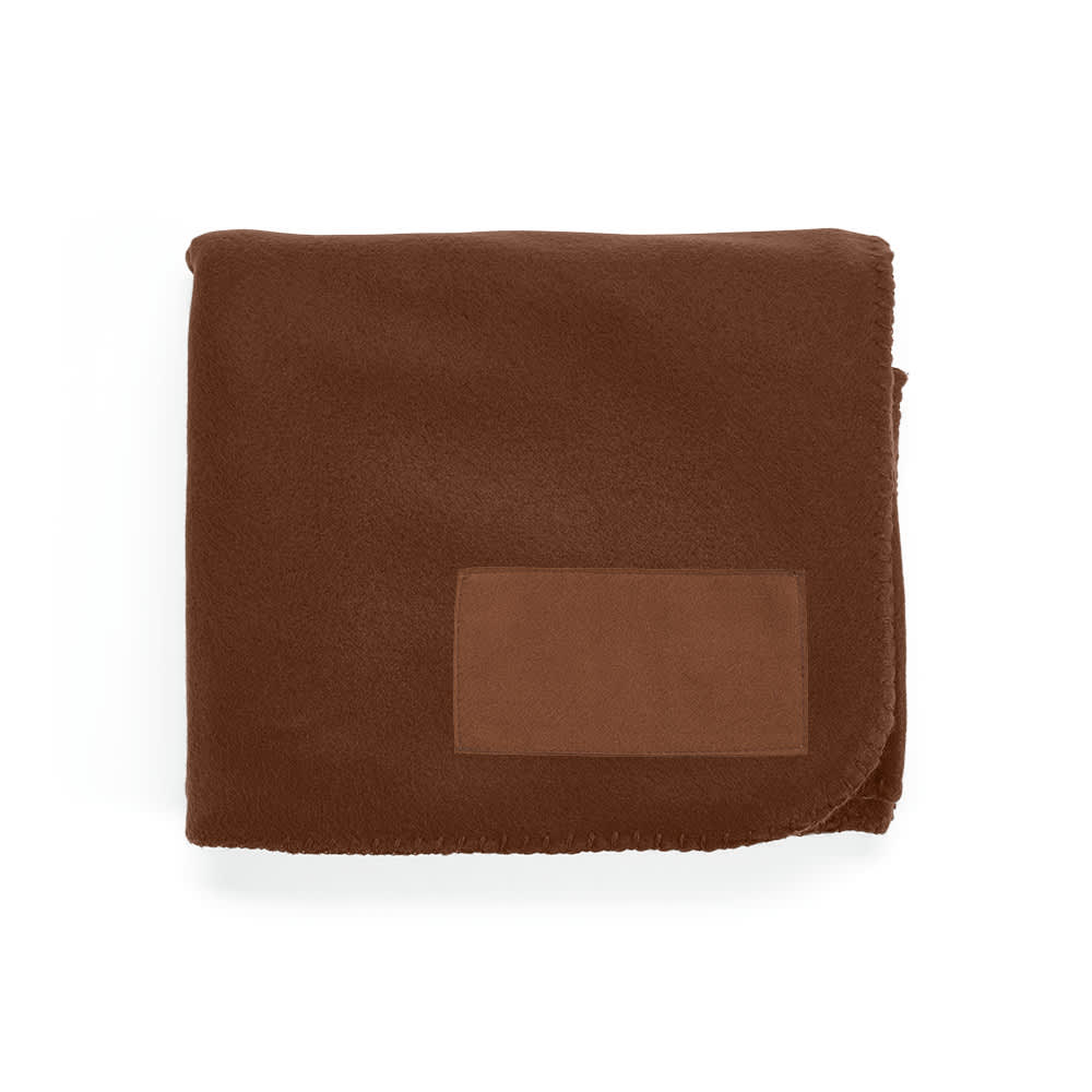 A brown fleece blanket featuring a customisable patch for branding or personalisation.