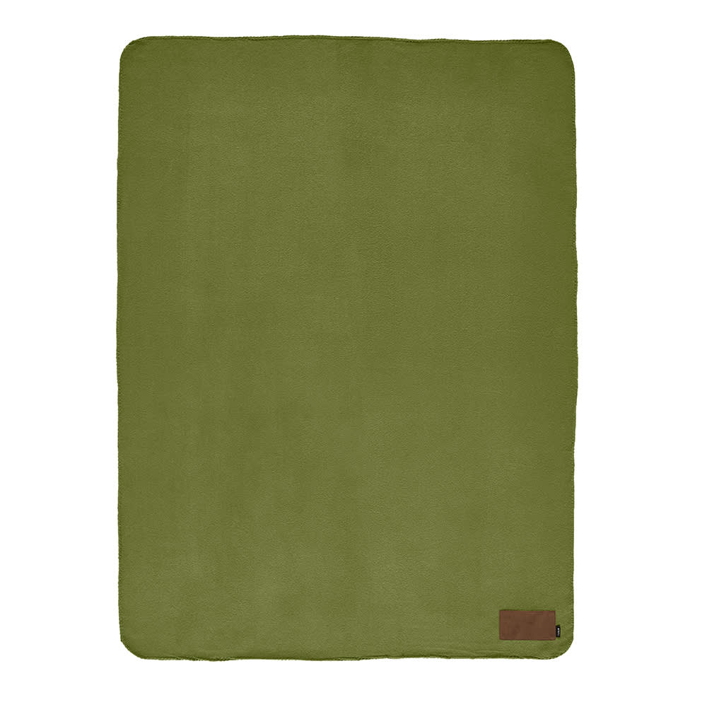 A green rPET blanket with a customisable patch, featuring a simple and smooth texture.