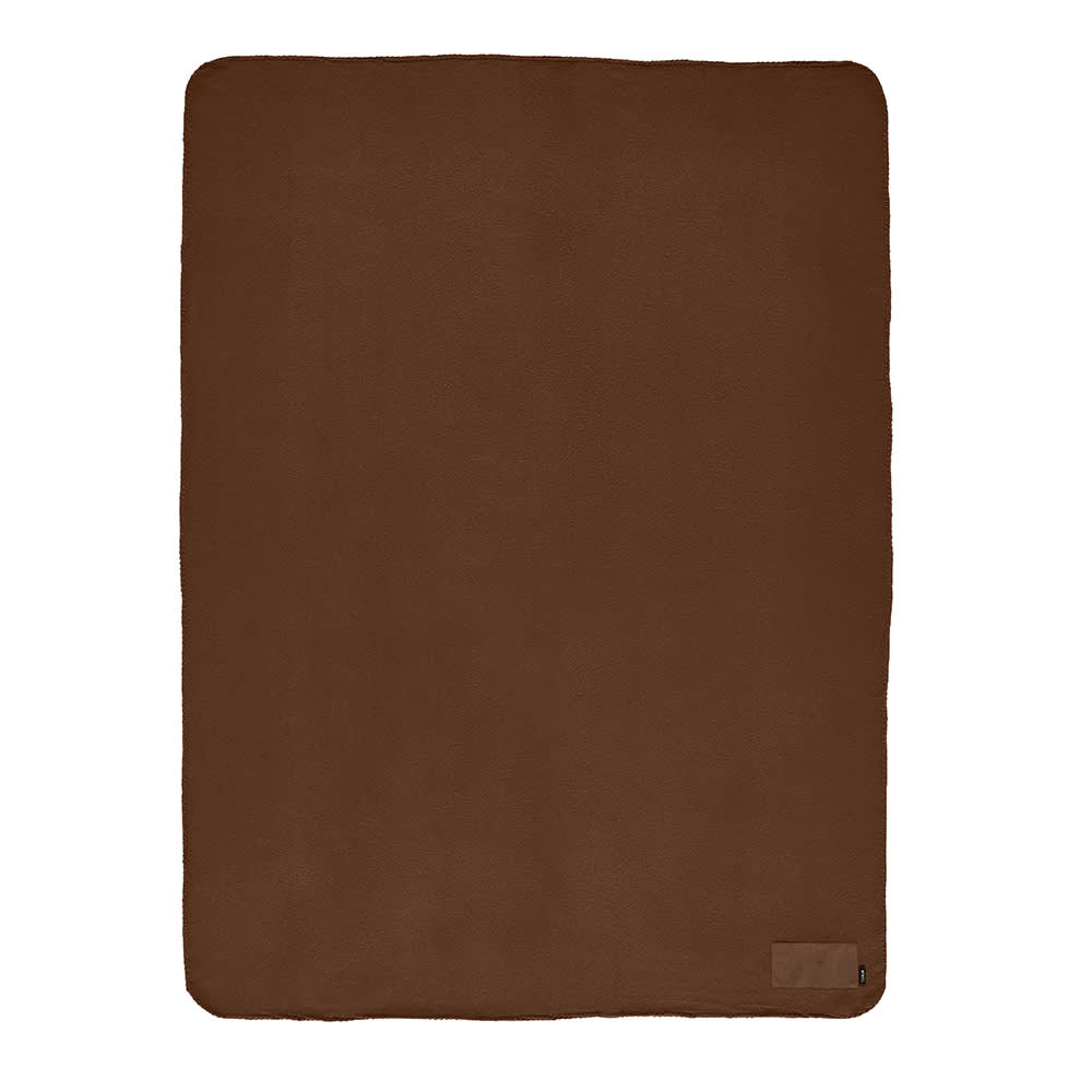 A brown blanket with a customisable patch and a logo on a corner. Soft fabric, ideal for promotional use.