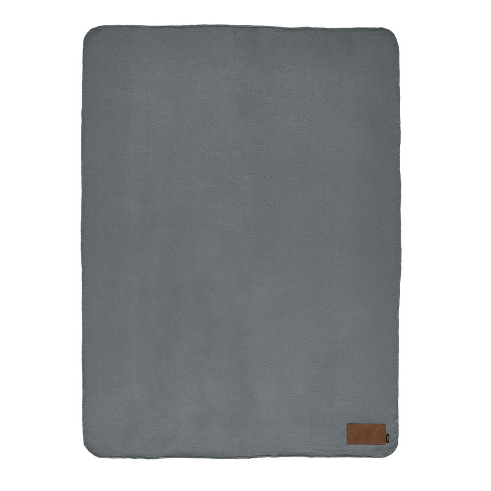 A grey blanket made from rPET, featuring a customisable patch and a textured surface. It has a branding logo.