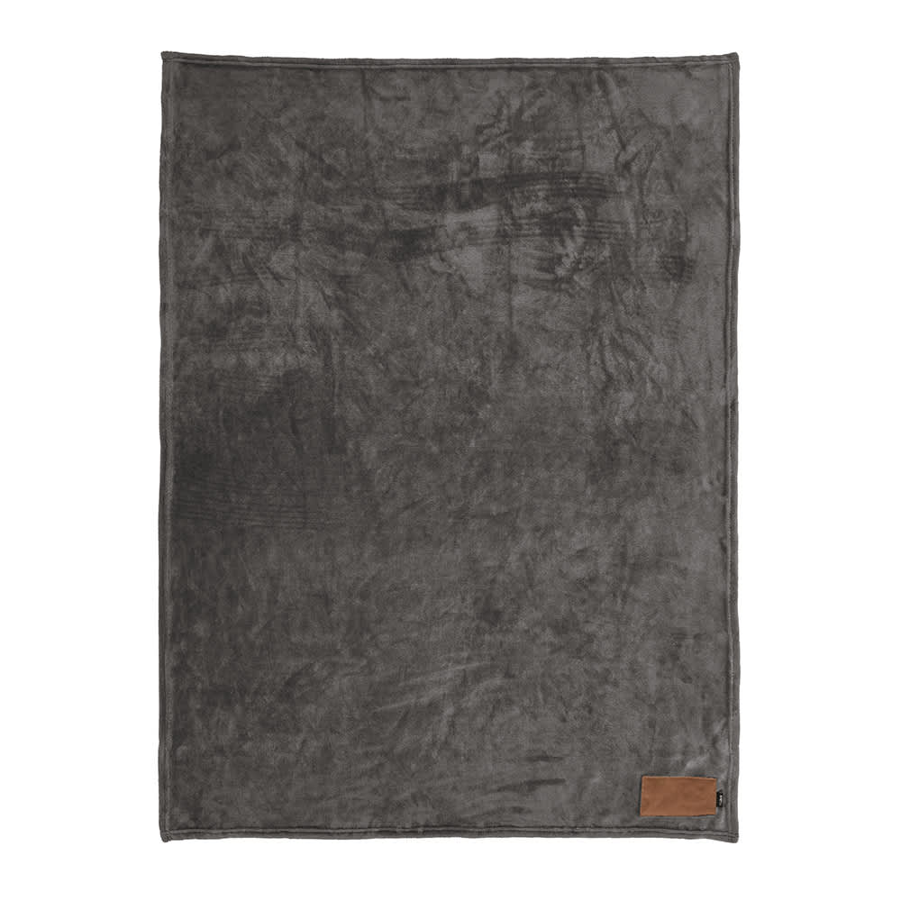 A grey blanket with a soft texture and a small brown patch, featuring a logo.