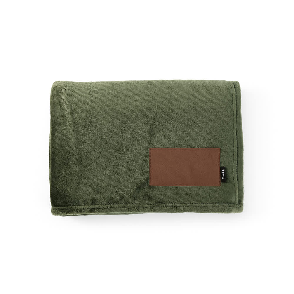 A green blanket made from rPET material, featuring a customisable brown patch. It has a soft, plush texture.