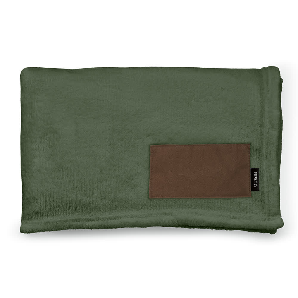 A soft, olive green blanket with a brown customisable patch and a branding label.